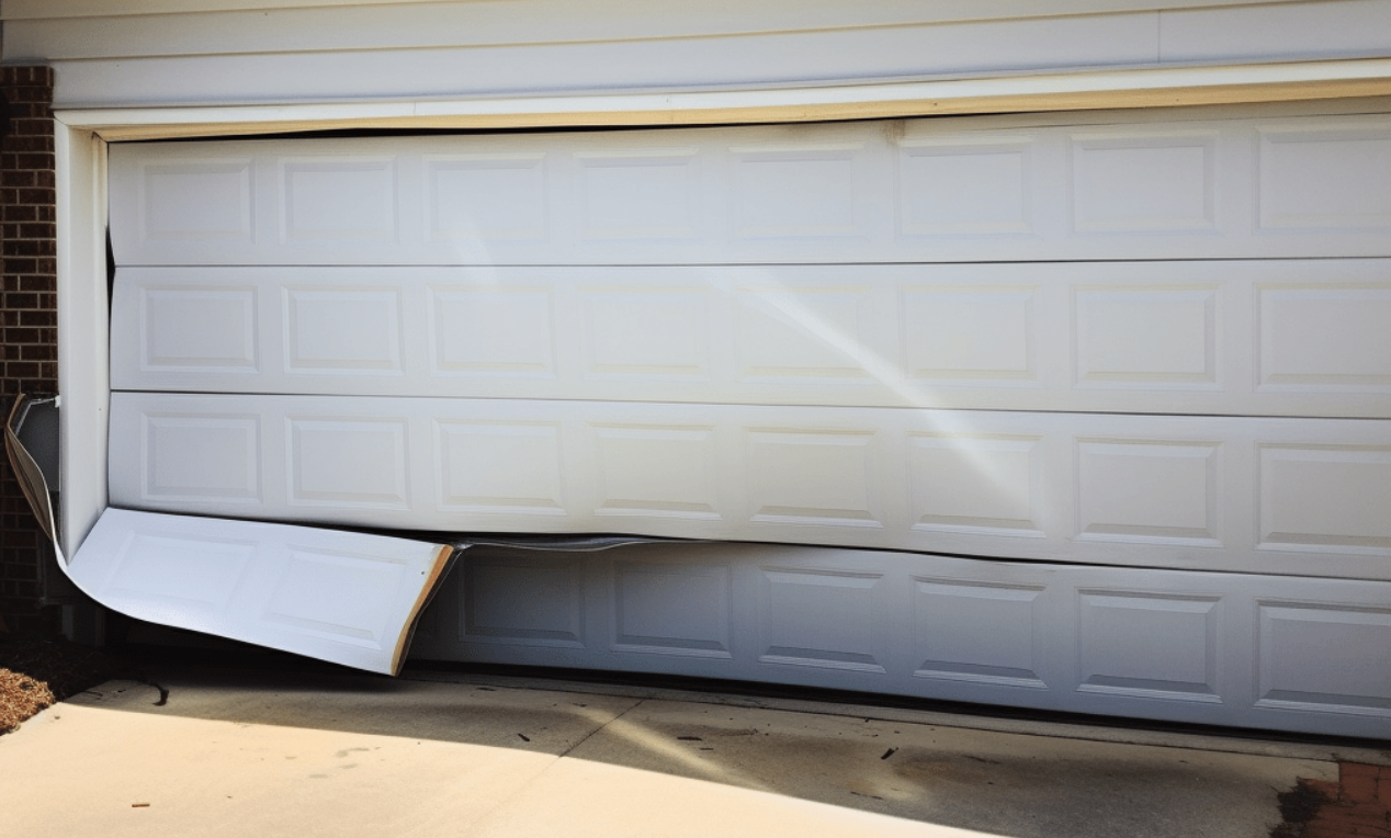 Technician performing a garage door replacement, showcasing tools and a modern garage door installation in progress