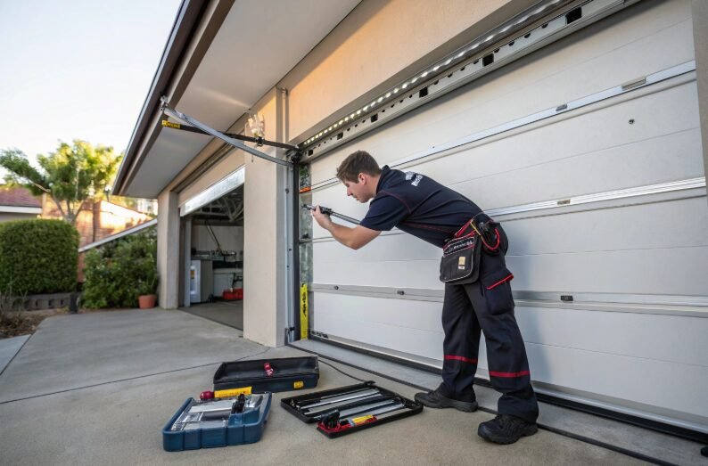 Emergency garage door repair service technician replacing hardware parts in Lithopolis Ohio