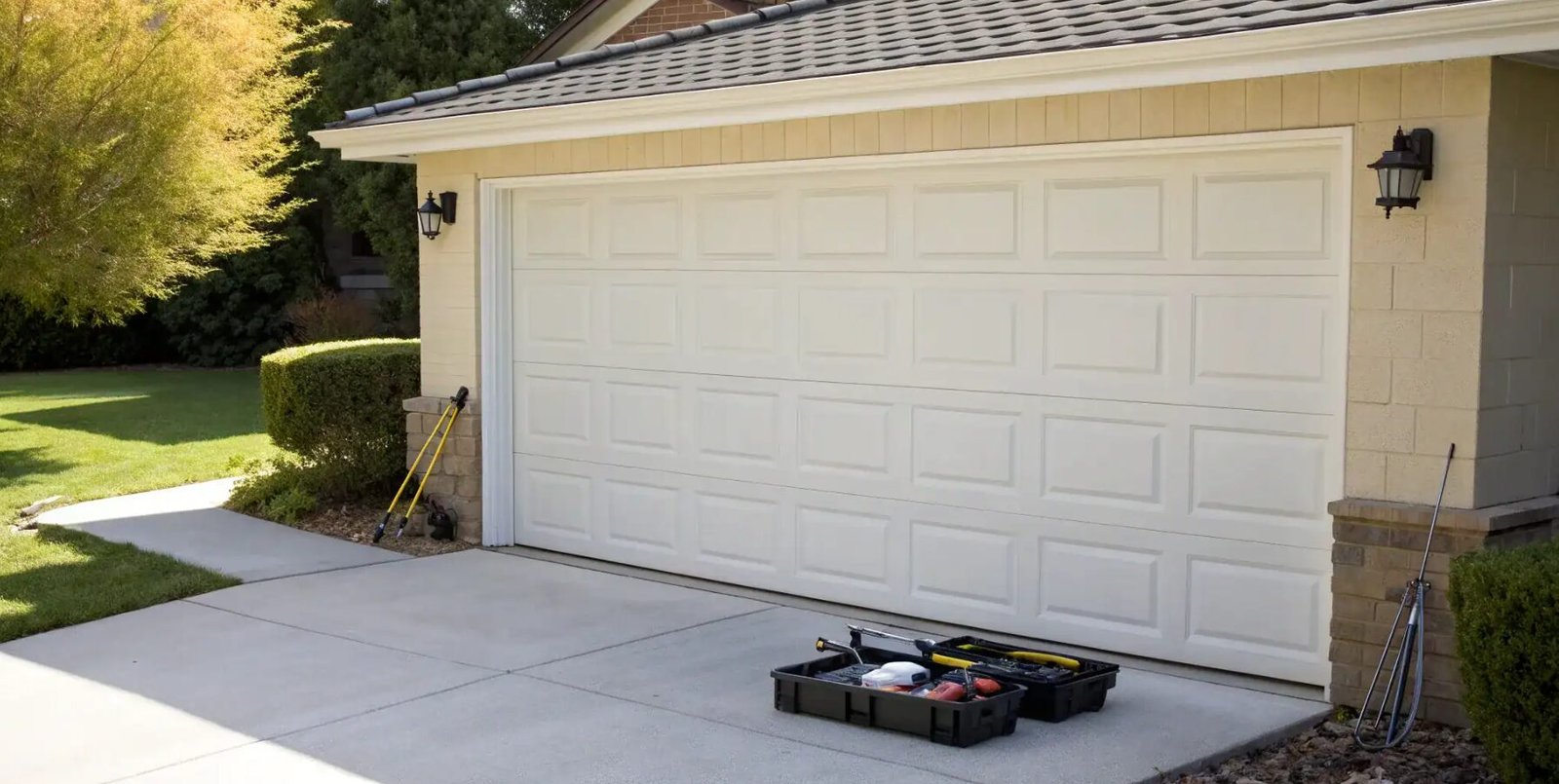 Emergency garage door repair service technician replacing hardware parts in West Jefferson Ohio